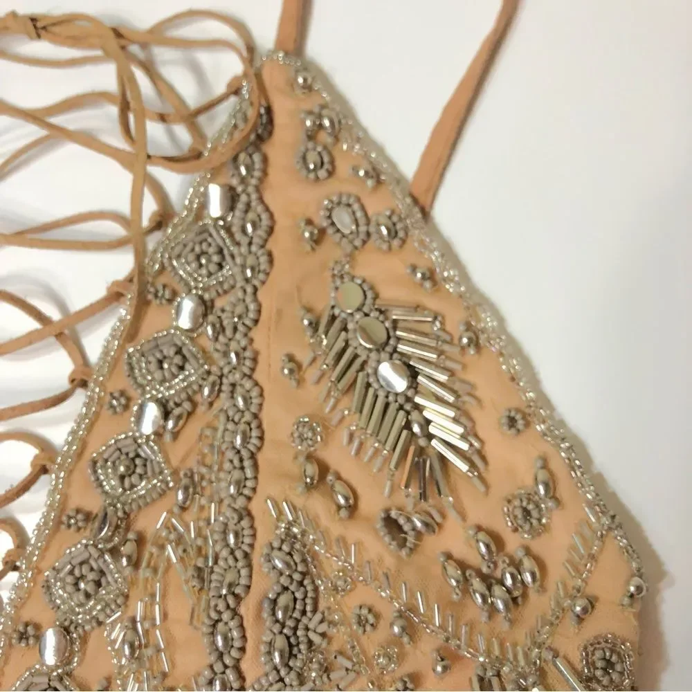 X by NBD Pandora Romper Champagne Allover Beading Plunging Lace Up Festival - Picture 7 of 15